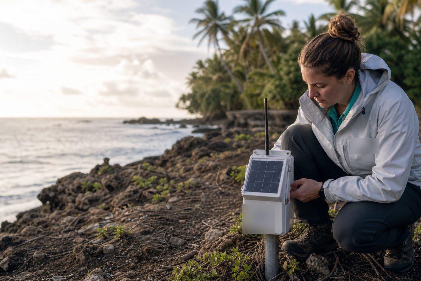 A researcher checking a solar-powered coastal sensor node at dawn