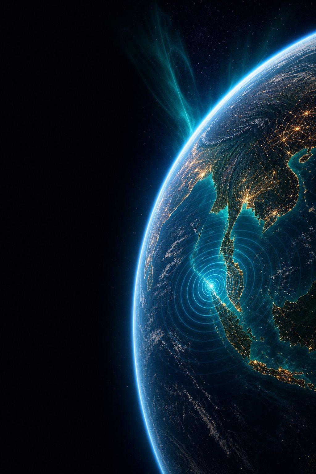 Earth seen from orbit over the Andaman Sea and Southeast Asia at dusk, with glowing infrasound rings spreading from the coastline