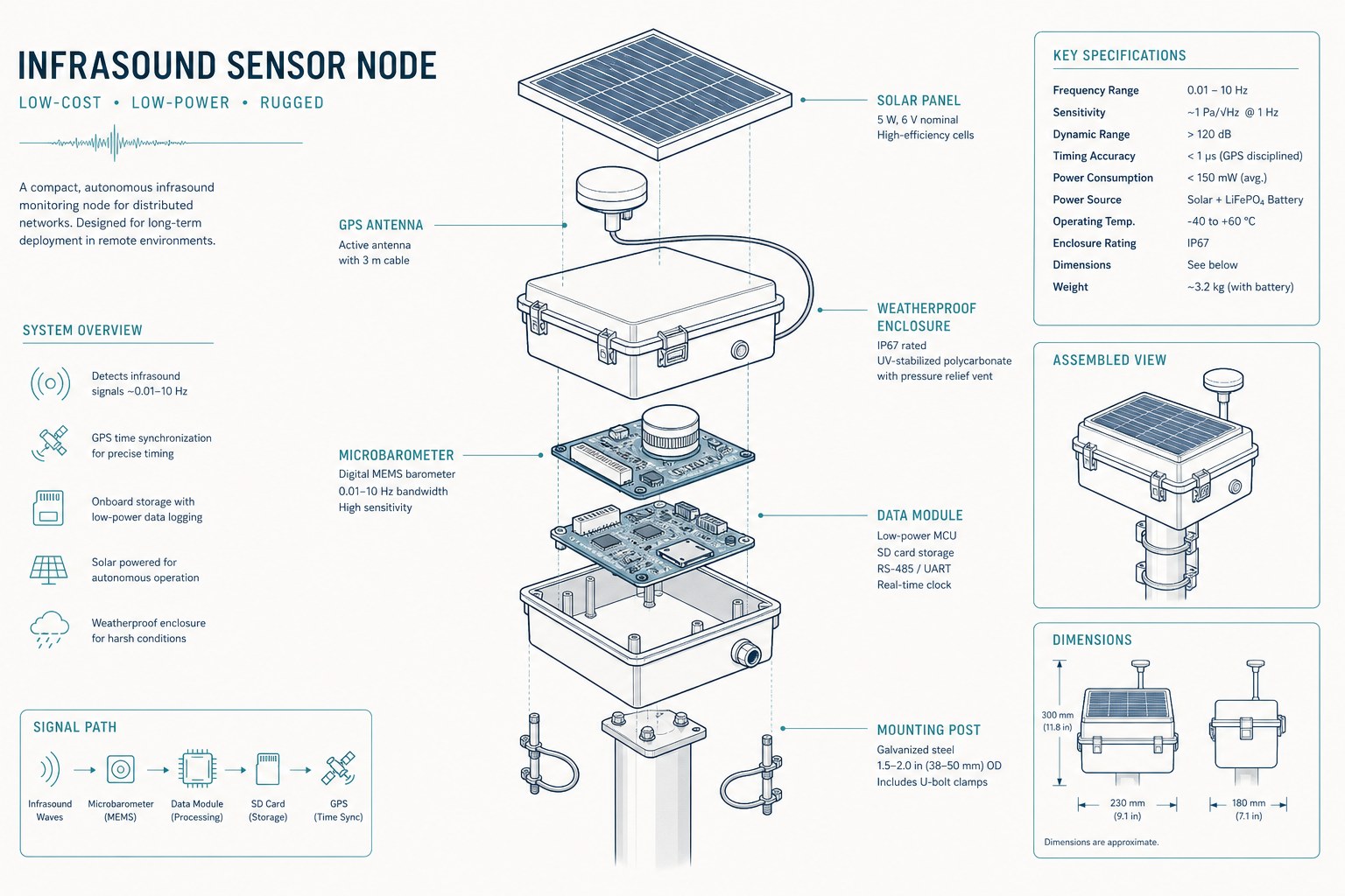 Exploded schematic of an infrasound sensor node: solar panel, GPS antenna, weatherproof enclosure, barometer and data module